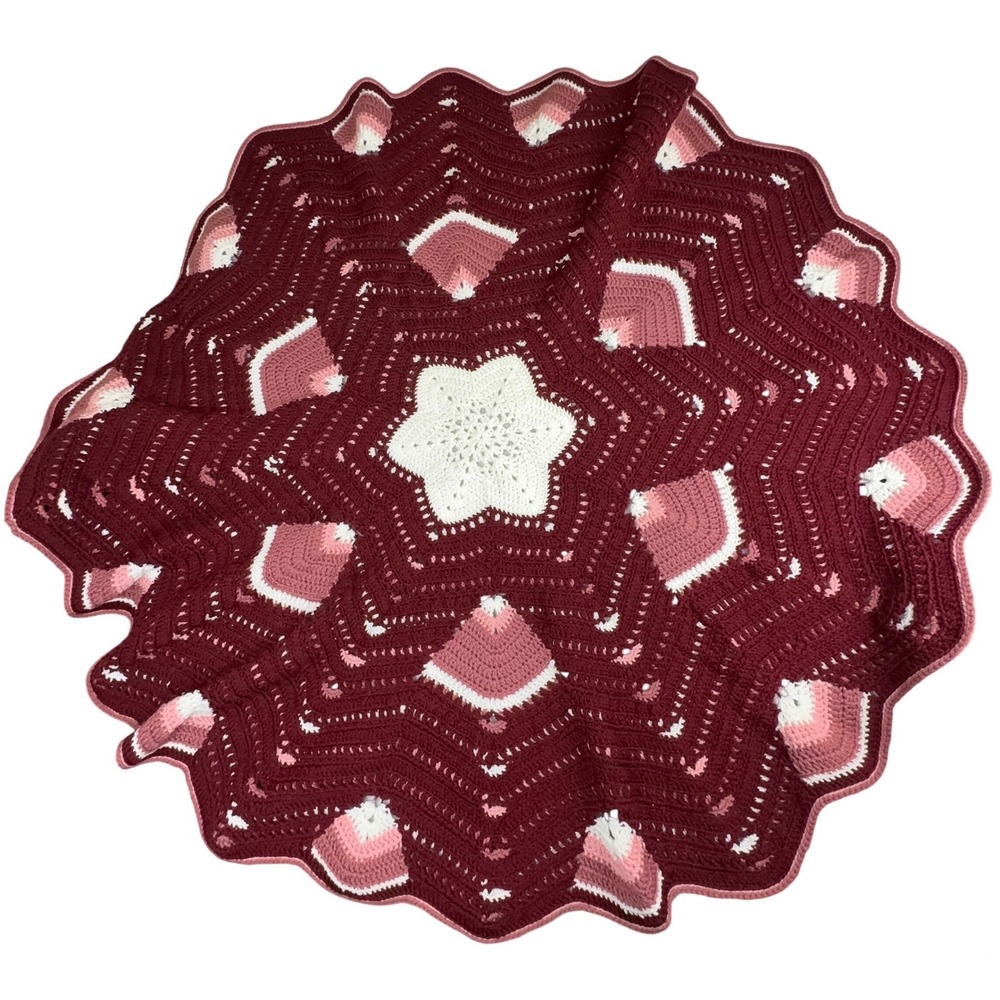 Handmade Crochet 12 Point Star Mandala Blanket Throw Burgundy Pink‎ Round 50"